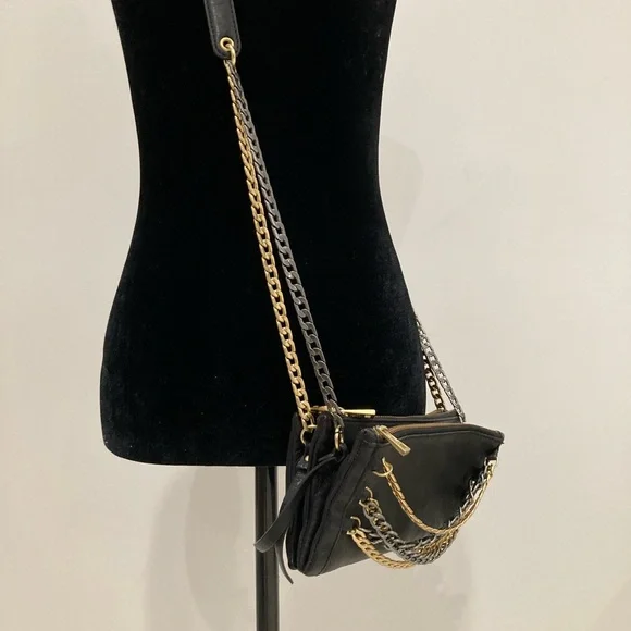 ASH Black Leather Convertible Cross Body Purse Gold Silver Chain - Picture 4 of 14